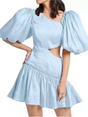 Aje Powder Blue One-Shoulder Cutout Puff-Sleeve Mini Dress